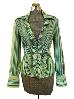 Blusa Vintage Kay Unger Listrada com Babado Botão Verde Y2K Retrô Coquete Fada 10 - Imagem 1 de 4
