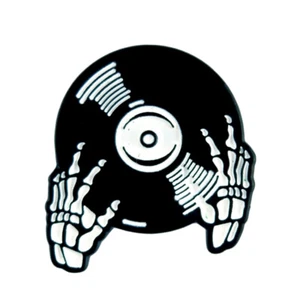 Skeleton DJ Record Enamel Pin Whimsygoth Fashion Jewelry - Picture 1 of 3
