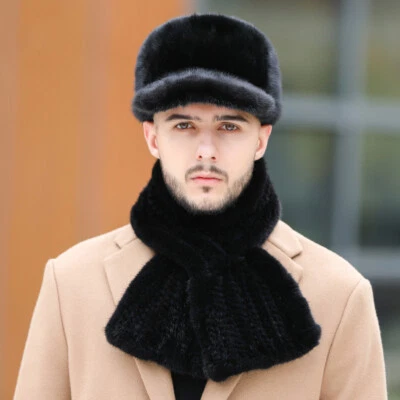 One Set Warm Men's Real Mink Fur Hat + Scarf Peaked Cap Headgear Dicer Beret - Image 1 of 4