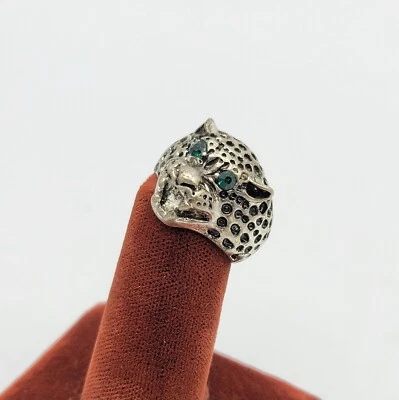 Anillo De Colección Talla 6 Leopardo Pantera Jaguar Gato Grande Estrás Ojos Joyería Tono Plateado Foto 1 de 4