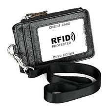 Portable Leather RFID Blocking Business Card Credit Holder Lanyard Purse Wallet