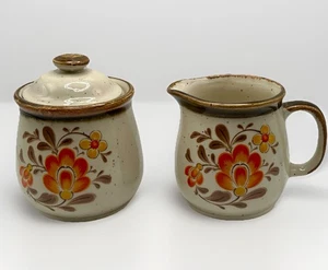 1970’s Japanese Stoneware SUGAR & CREAMER Brown Speckled Orange Floral - Picture 1 of 15