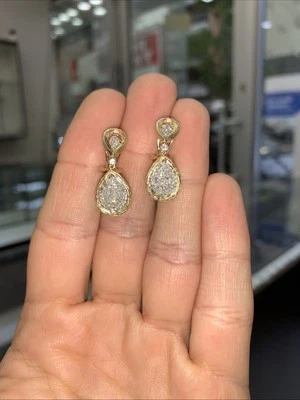 Pendientes de oro amarillo de 14k con diamantes naturales colgantes diseño único espalda francesa Foto 1 de 4