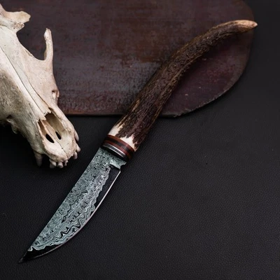 Готовый к подарку нож из дамасской стали 12,1 дюйма с накладным монтажом для охоты + кожаные ножны - Изображение 1 из 4