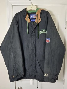 Vintage Starter Philadelphia Eagles Black Jacket Mens 2XL XXL Nubuck Trim Puffer - Picture 1 of 8