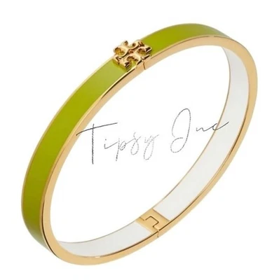 TORY BURCH KIRA ENAMEL 7MM HINGE BANGLE BRACELET IN GREEN & GOLD - Image 1 of 4