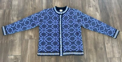 LL Bean Cardigan Sweater Purple Medium Snowflake Nordic Merino Wool Metal Button - Image 1 of 4