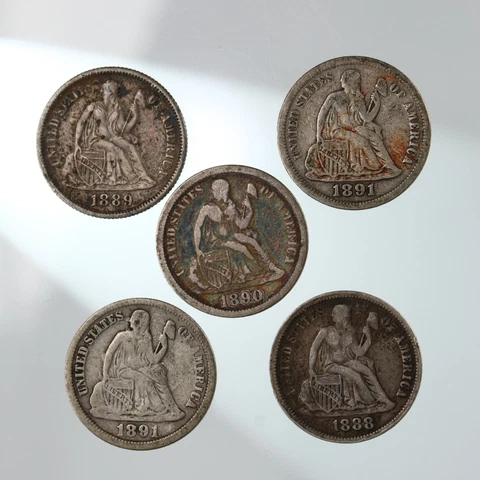 Raw 5 Pack Seated Liberty Dime 10C 1888 1889 1890 1891-O 1891 Coin Lot Cover