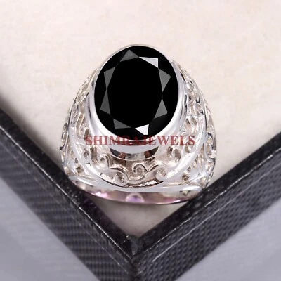 Natural Black Onyx Gemstone With 18k White Gold Plated Silver Ring for Men #1749 - Image 1 of 4