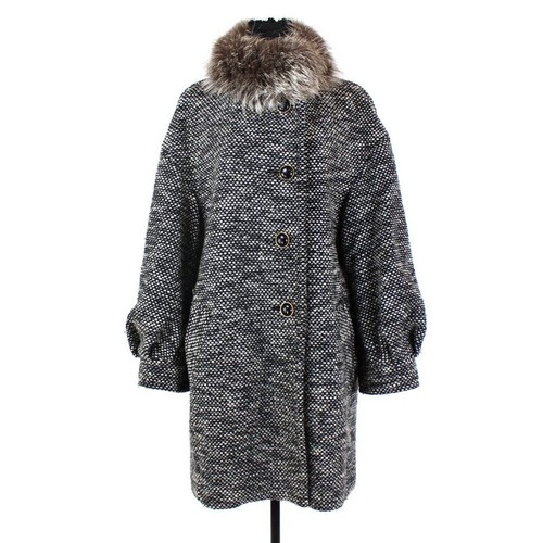 Cappotto Coach pelliccia di volpe orlo colletto manica a sbuffo nero bianco lana tweed pavone taglia L