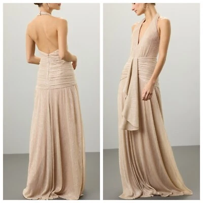 PatBo Gold Lurex Draped Maxi Halter Ruched Metallic Gown Dress - Size 6 - Image 1 of 4