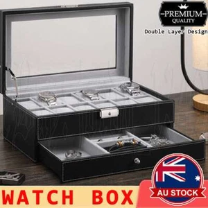Double Watch Box PU Leather Case Organizer with Jewelry Drawer Storage Display - Picture 1 of 12