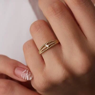 Кольцо из чистого золота 14 карат с двумя бусинами багет бриллиант драгоценный камень кольцо 0,09 карата - Изображение 1 из 3