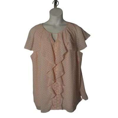 Isaac Mizrahi Live! 22W Pink Swiss Dot Ruffle Shirt Top Blouse - Image 1 of 3