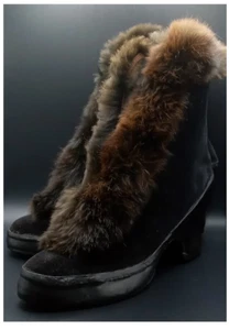 VTG 40s American Rubber Co Black Velvet & Fur Overshoes Boots SZ 7-1/2 - Picture 1 of 12