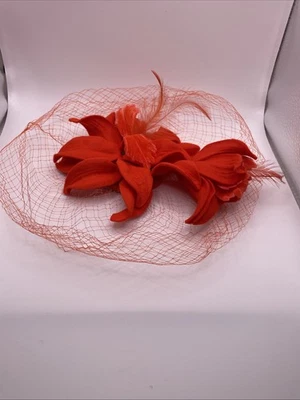 Vng 50s Mr. John Caprice Netting Veil Velvet Flowers Feathers  Orange Hat - Image 1 of 4
