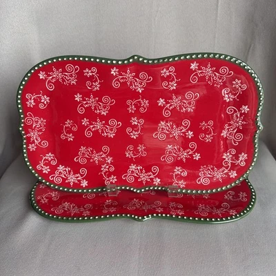 "2 Platos Temp-tations By Tara Festivo Floral Encaje Navidad Rojo Blanco Verde 12""" Foto 1 de 4