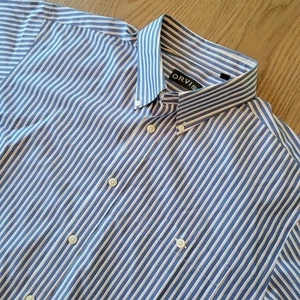 Camisa de algodón Orvis para hombre talla XL calce relajado manga corta a rayas azul amarillo - Imagen 1 de 10