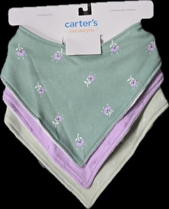 🎀 CARTER’S Bandana Bib Pack of 3 - Floral Dotted Green Lavender * NEW - Picture 1 of 2