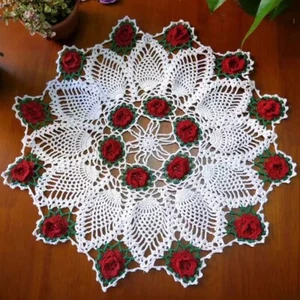 17" Red Vintage Hand Crochet Lace Doily Flower Tablecloth Round Table Topper Mat - Picture 1 of 4