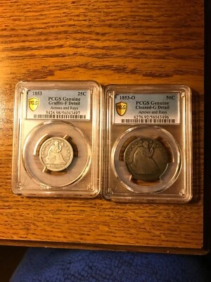 Set of 2 1853 25C & 1853-O 50C Seated Liberty Arrows & Rays, 1 yr. PCGS Graded - Image 1 of 3