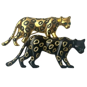 Vintage Two Leopard Panther Big Cats Brooches Pins Elegant Enamel Signed "FC" - Picture 1 of 3