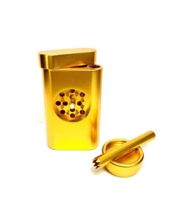 DUGOUT MAGNETIC ALUMINUM WITH GRINDER, ASHTRAY, STORAGE, AND ONE HITTER - GOLD - Picture 1 of 2