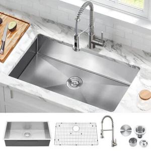 32" Single Bowl 304 Stainless Steel Basin Undermount Kitchen Sink w/Faucet-Used - Picture 1 of 10