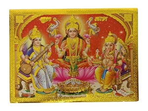 Gold Foil Embossed Hindu God Picture * LAKSHMI SARASWATI GANESH * 18.1 x 13.2 cm - Picture 1 of 3