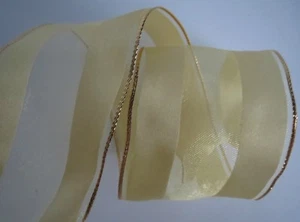 2.5" Wired RIBBON Gold Solid Satin Stripes Border Sheer Organza 25 yards - Picture 1 of 3