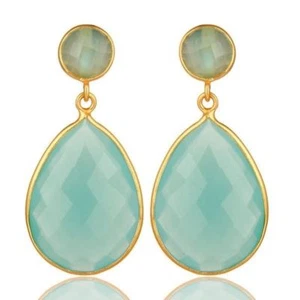Aqua Chalcedony 18K Gold Plated 925 Sterling Silver Earrings Gemstone Jewelry - Picture 1 of 3