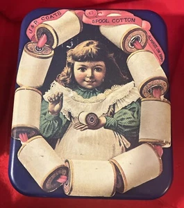 J & P Coats Advertising Metal Tin Container - Spools Of Thread Images -4.5”x6”x5 - Picture 1 of 11
