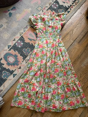 Entro Maxi Floral Print Dress Green Tier Full Skirt Short Sleeve Modest Medium - Image 1 of 4