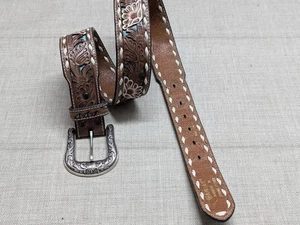 Vintage ARIAT Hebilla Cinturón 34 Cuero TOOLED Cónico OCCIDENTAL Floral Y2K Vaquero - Imagen 1 de 13
