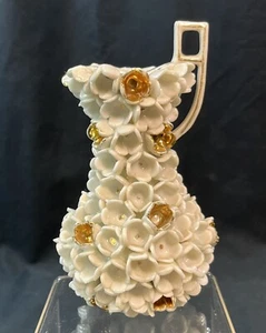 UNIQUE Miniature Porcelain Pitcher White 3D Flowers Relief w Gold Accents (KMT) - Picture 1 of 9