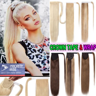 US Black Blonde Clip in 100% Remy Human Hair Ponytail Extensions Wrap Around L3 - Image 1 of 4