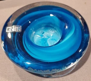 BEAUTIFUL!! MDINA MALTA GLASS MODERNISTIC VOTIVE CANDLEHOLDER SIGNED BLUE SWIRL - Picture 1 of 7