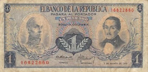 Colombia 1 Peso Oro 7.8.1.973 dot ERROR Circulated Banknote BSA - Picture 1 of 2