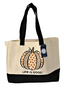 Life Is Good FALL PATTERN PUMPKIN TOTE Heavy Canvas Market Beach Shopping Bag - Picture 1 of 6