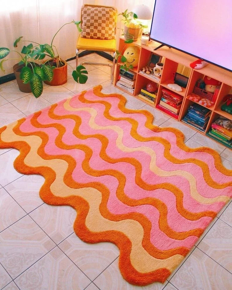 Hand tufted Rug, orange pink and Cream color rug, modern design premium quality - Image 1 of 4