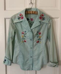 Vtg 70s Floral Sun Embroidered Button Down Western Shirt XS - Picture 1 of 8