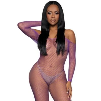 Bodystocking de red mangas largas fuera del hombro puro elástico púrpura 2359 Foto 1 de 4