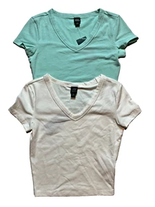 NWT Lot 2 Wild Fable Cropped Slim Fit Cap Sleeve T Shirt Tops White Aqua 2XS XXS - Picture 1 of 5