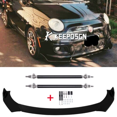 Divisor de labios de parachoques delantero negro brillante con varillas de puntal para FIAT 500 Abarth 09-24 Foto 1 de 4