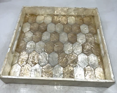 VTG Serving Tray Mother Of Pearl Tray Home Décor Handles Square 12x12" - Image 1 of 4
