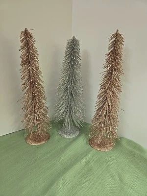 2 Gold & 1 Silver Glittered Bottle Brush Metallic Christmas Trees Village Decor - Image 1 of 4