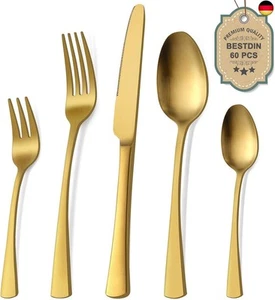 Bestdin Besteck Set 12 Personen, 60 teilig Edelstahl Besteckset Matt Gold - Bild 1 von 6