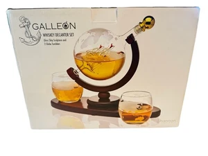 Galleon Whiskey Decanter Set Glass Globe and 2 Globe Tumblers New - Picture 1 of 3