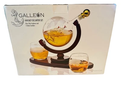 Galleon Whiskey Decanter Set Glass Globe and 2 Globe Tumblers New - Image 1 of 3