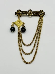 Vintage Gold Tone Filigree Brooch with Faux Black Onyx Dangles & Draped Chains - Picture 1 of 5